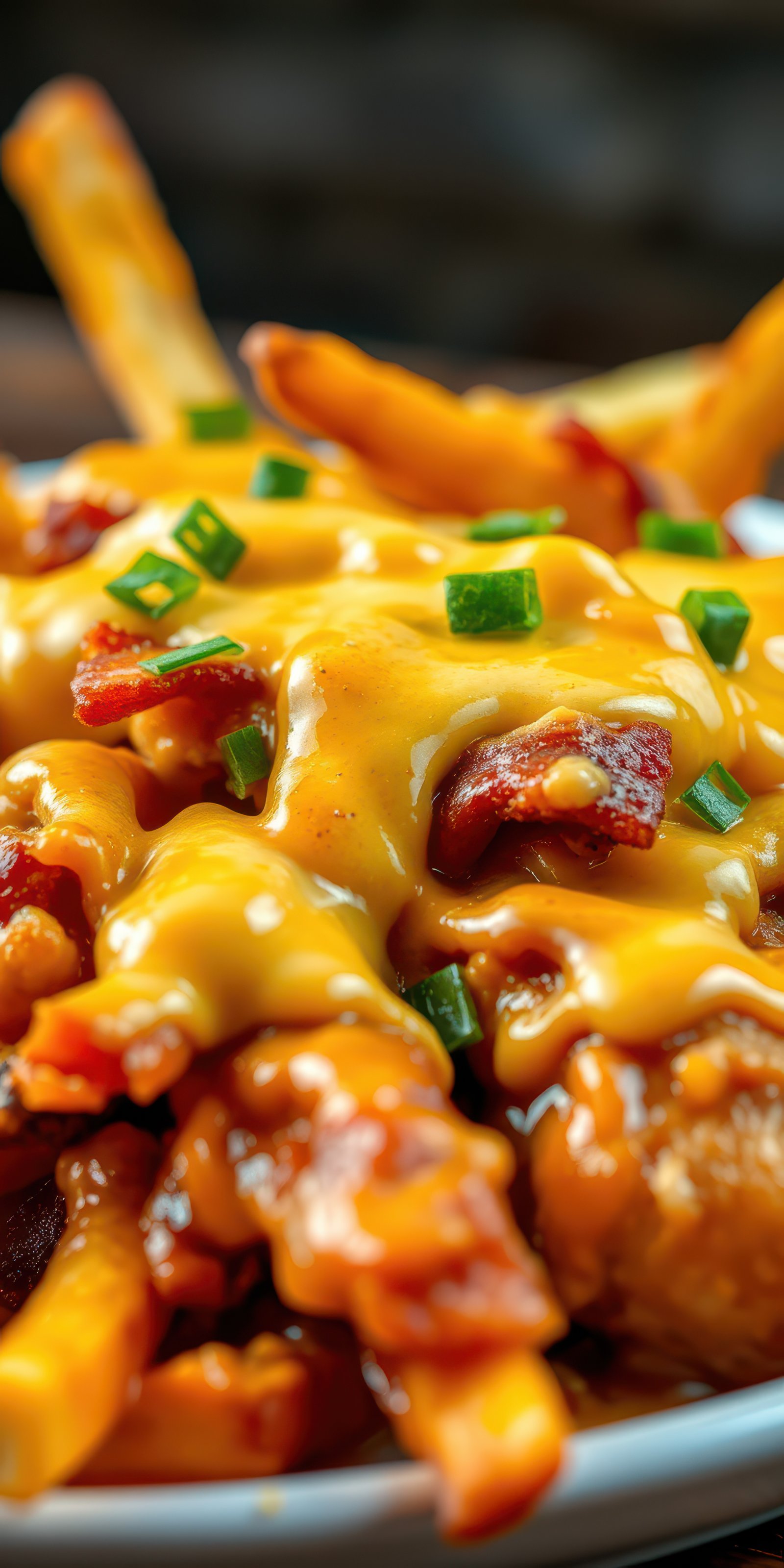 Cheesy loaded fries topped with bacon and green onions served on a plate at a casual dining location